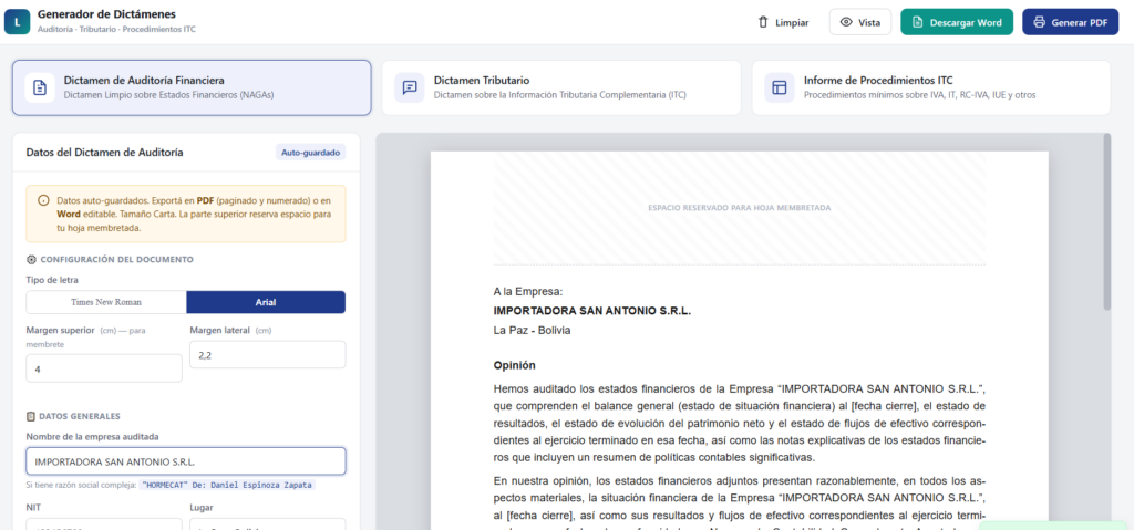Generador de Dictámenes de Auditoría e Informe ITC (estándar)